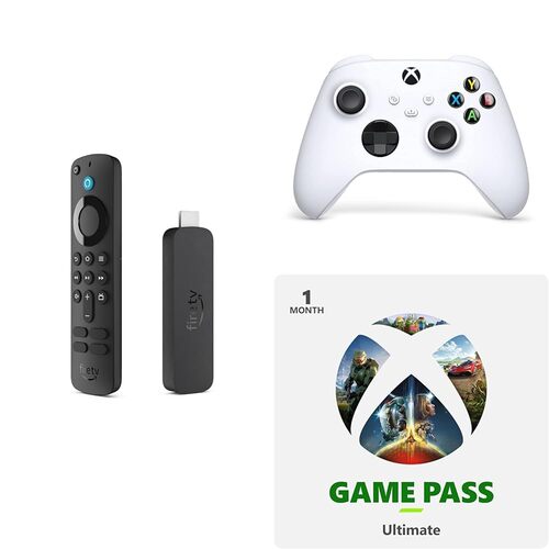 Save 40% on the Amazon Fire TV Stick 4K, Robot White Core Wireless Controller, and 1 Month Game Pass Ultimate Bundle