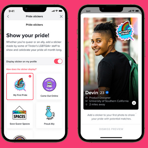 Tinder adds Pride profile stickers for LGBTQ users and allies