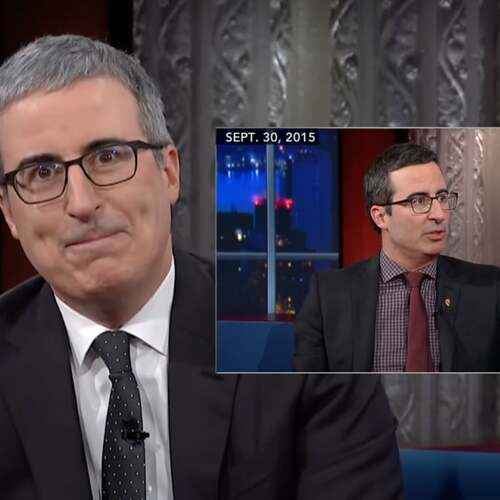 John Oliver reacts to a 2015 clip of himself saying he doesn't 'give a s**t' about Trump